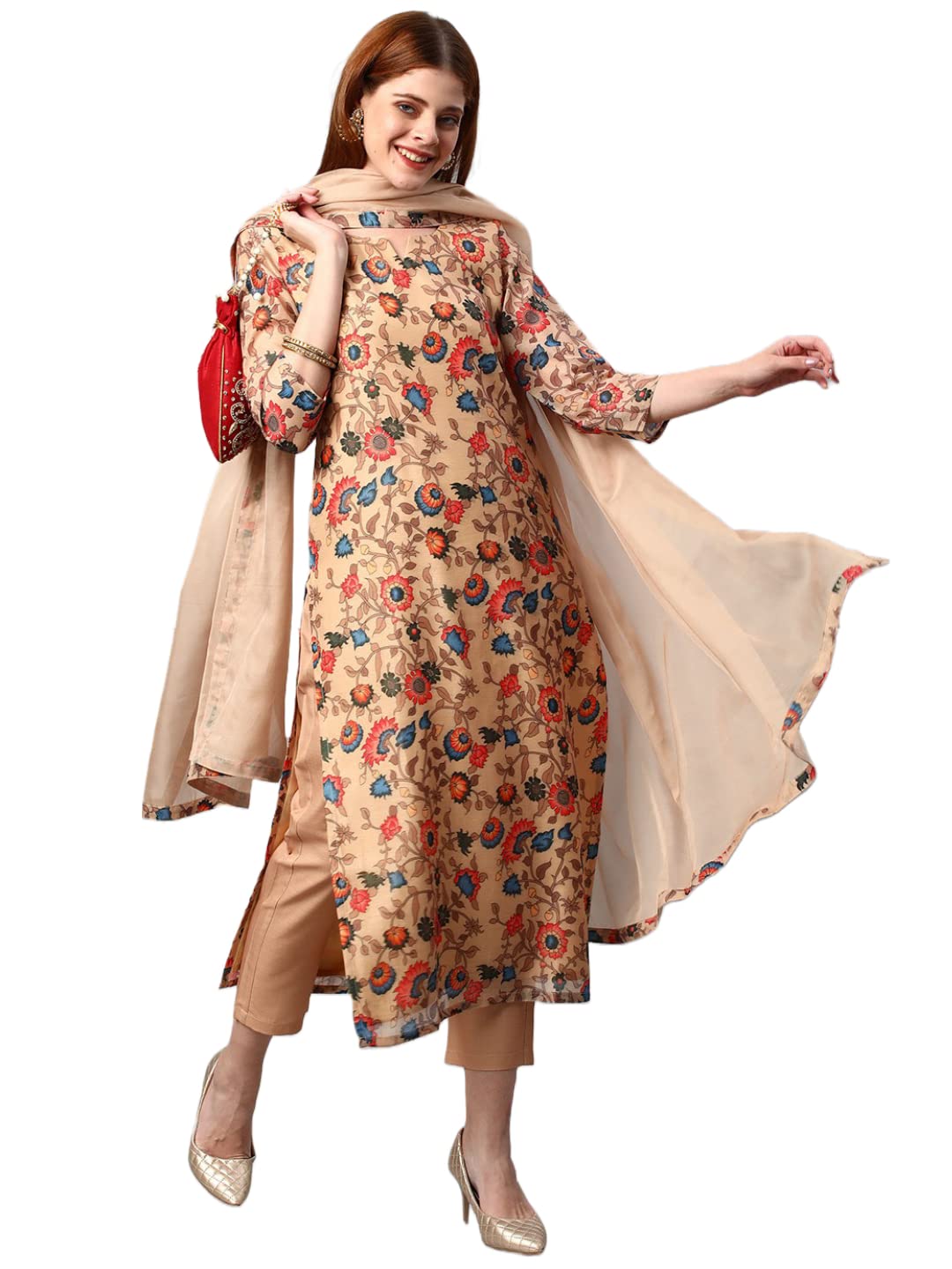 ANNI DESIGNER Women's Rayon Floral Printed Straight Kurta with Pants & Dupatta (MADHUBANI Beige-SM_L_Beige_Large)