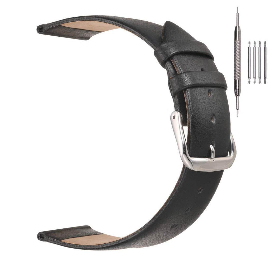 EACHE 18mm Leather Watch Bands Black Classical Ultrathin Leather Watch Straps for Women Men Black Color with Silver Buckle