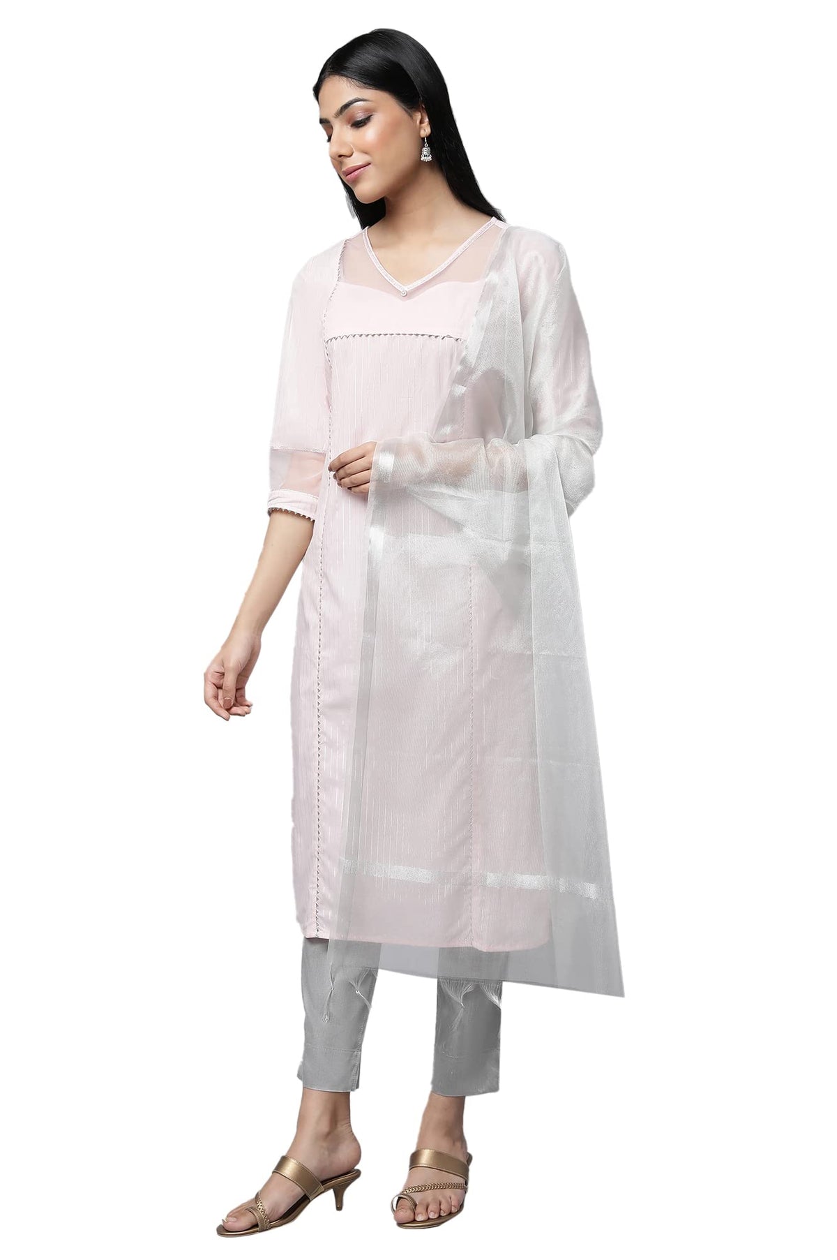 Aurelia WomenS Cotton Blend Stripes Kurta & Trouser & Dupatta (23Feas14457-704155_Pink