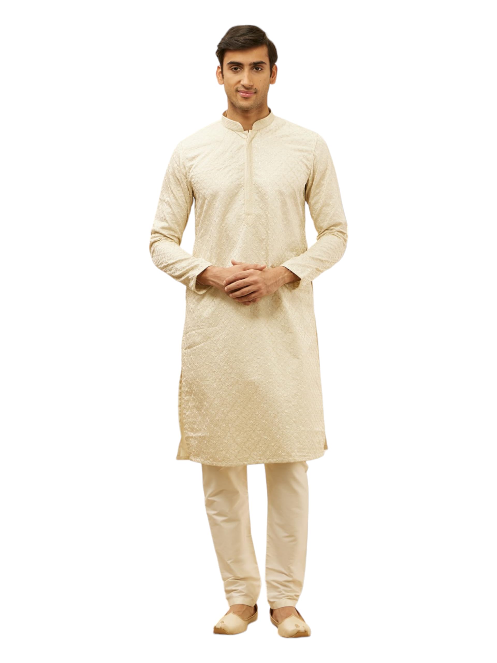 Manyavar Mens Beige Satin Self Design Kurta Pyjama Set