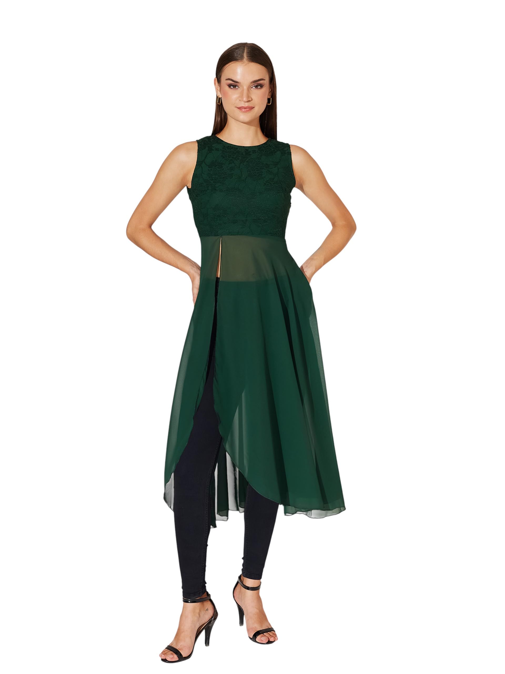 Miss Chase WomenSround Neck Sleeveless Lace Overlaid Maxi Top (Mcaw25Tp98-77-236-03, Forest Green, S)