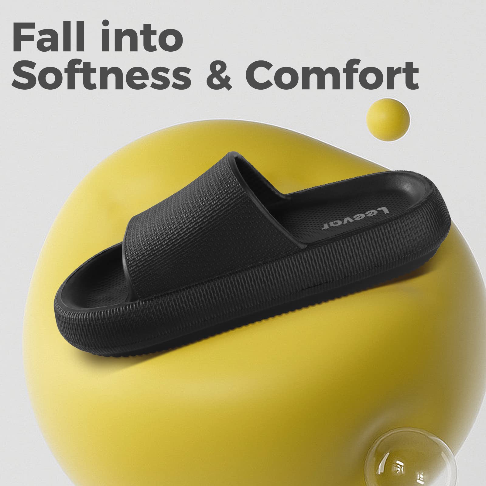 Black Cloud Slippers for Women and Men -Leevar Massage Shower Bathroom Non-Slip Open Toe Cloud Slide Soft Comfy Thick Sole Cloud