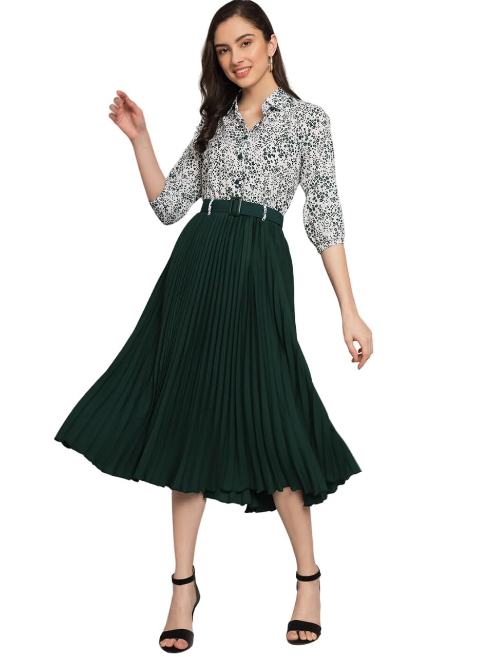 Kzully | Elegant A-Line Dress: Collared V-Neck Top, Pleated Skirt With Elastic Waist, Includes Belt Green
