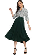 Kzully | Elegant A-Line Dress: Collared V-Neck Top, Pleated Skirt With Elastic Waist, Includes Belt Green