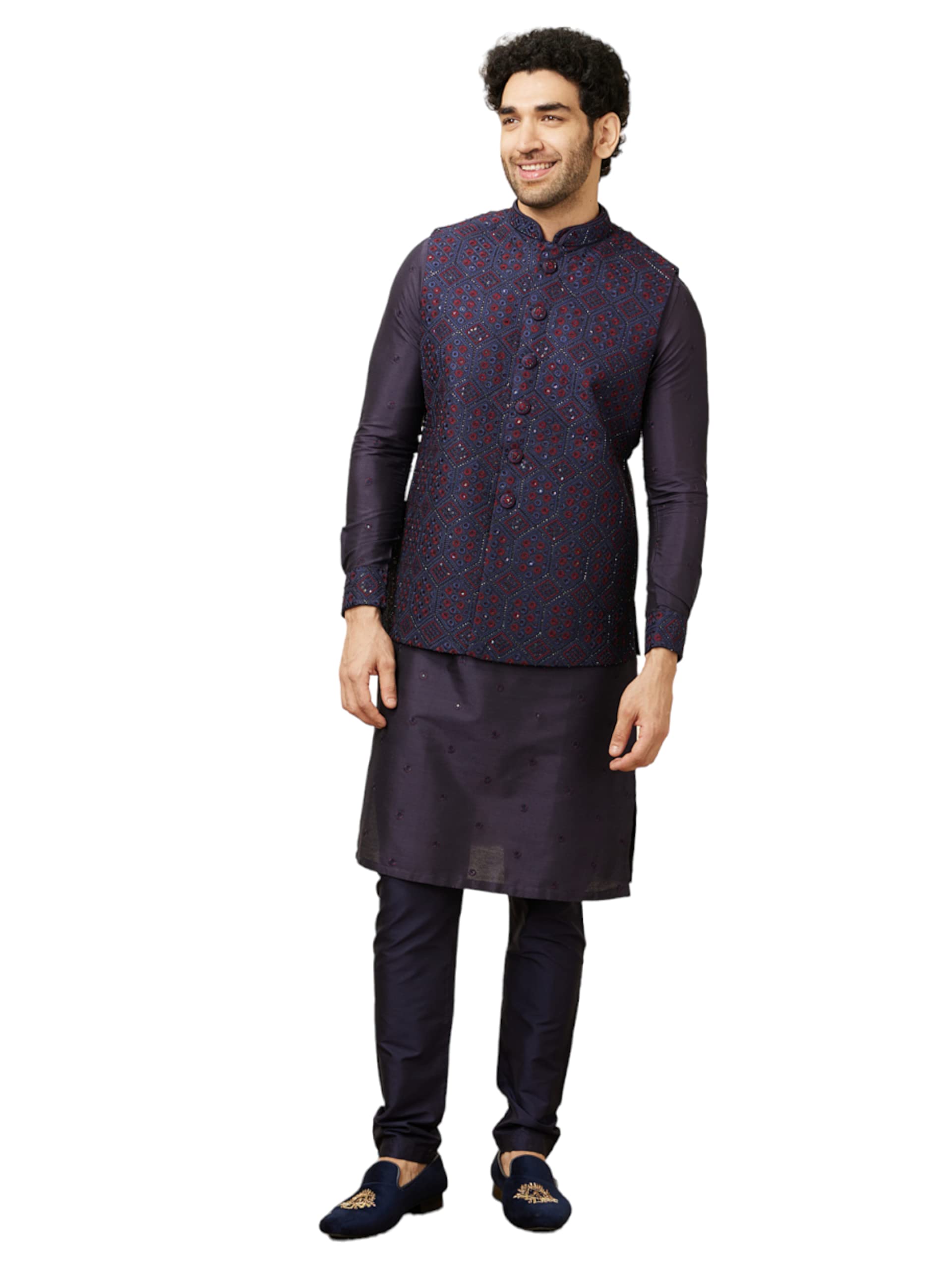 Manyavar Mens Blended Viscose Embroidered Casual, Traditional Full Sleeves Jacket Payjama Set (Blue, XXL)