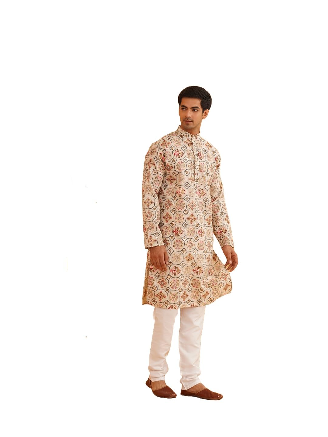 Sojanya (Since 1958 MenS Cotton Linen Cream & Multi Print Kurta & White Churidar Pyjama Set