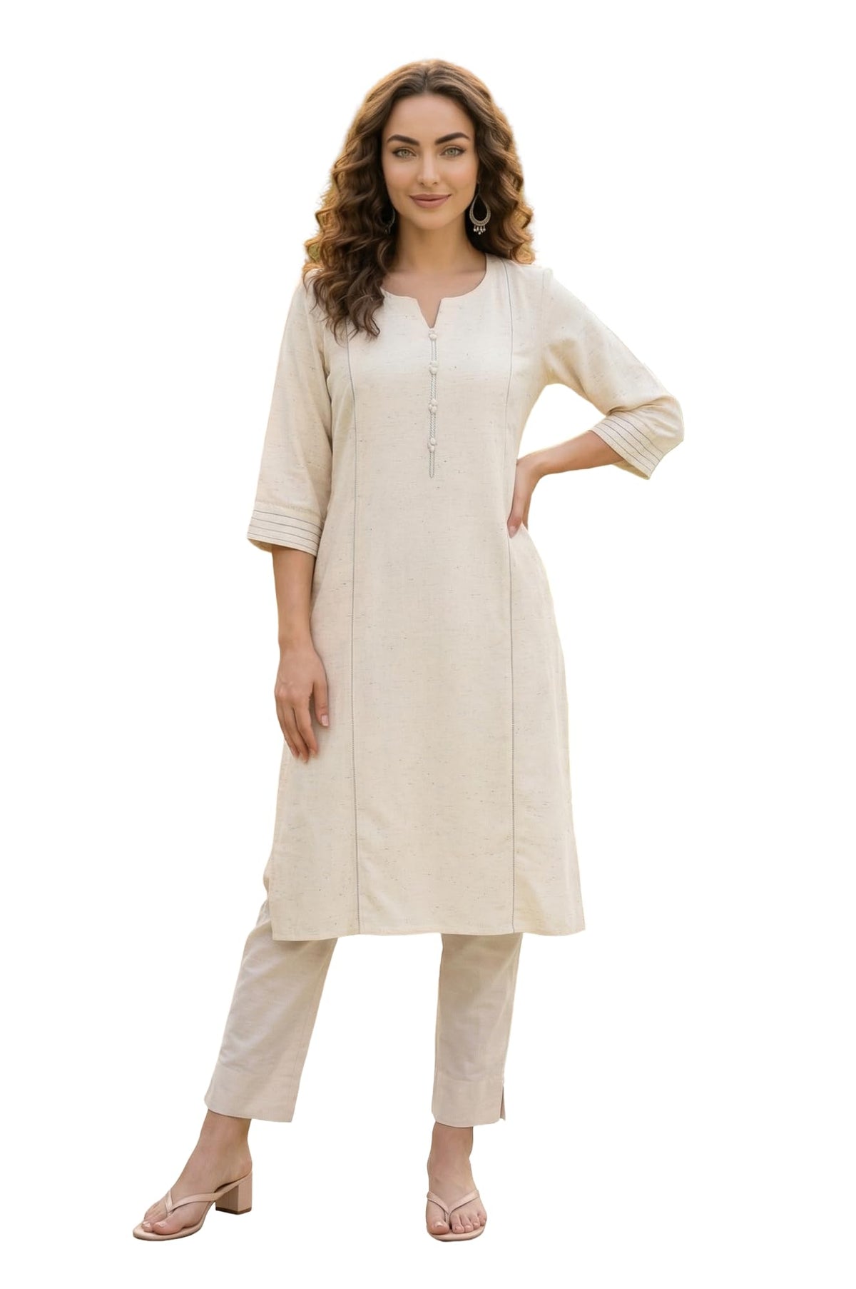 Aurelia Womens Beige Solid Yarn Dyed Cotton Blend Straight Kurta - (A16518-706472-M)