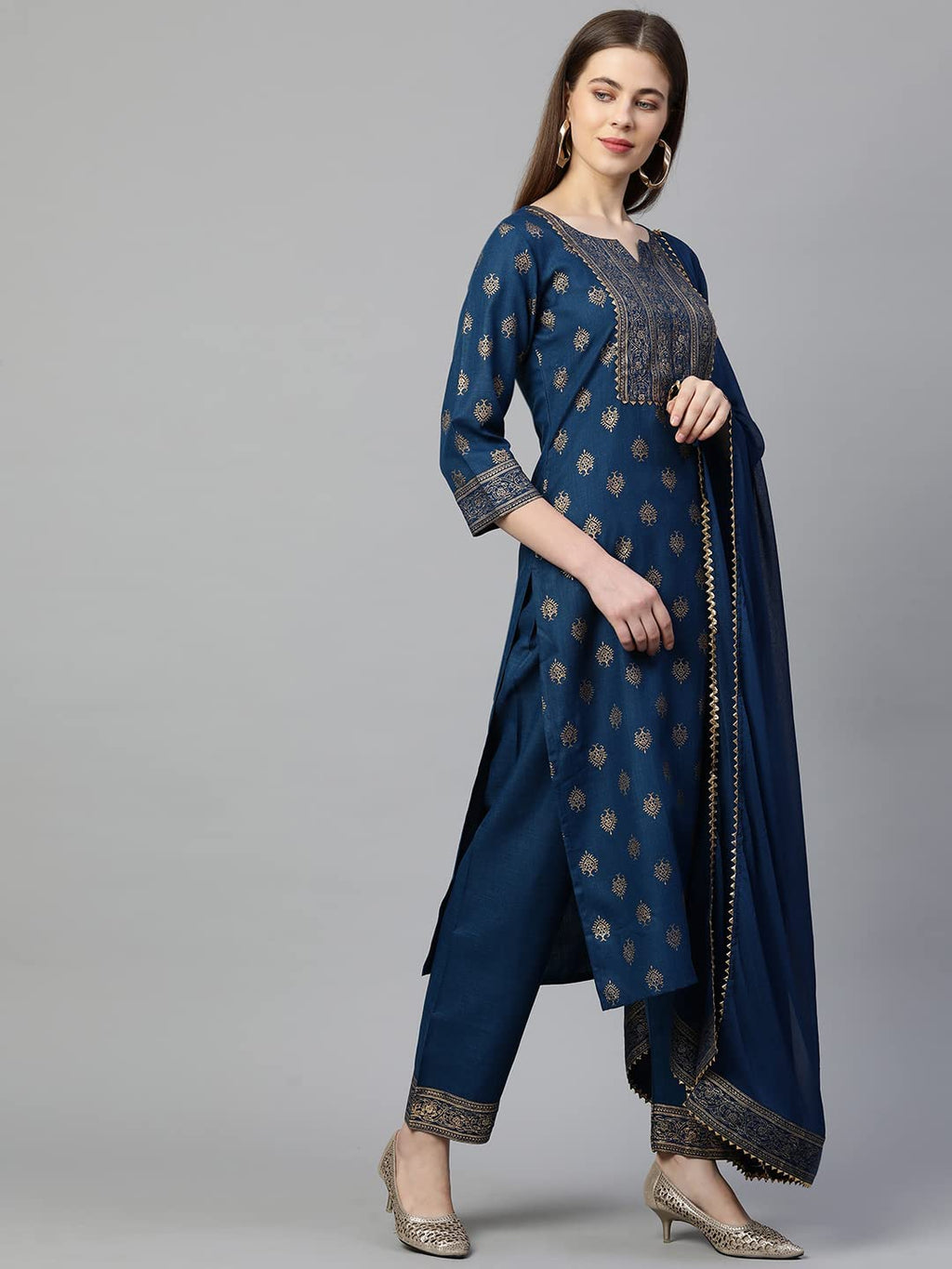 ANNI DESIGNER Womens Cotton Straight Kurta with Pant & Dupatta (KPTD-COT-10132-BLUE_S_Blue_Small)