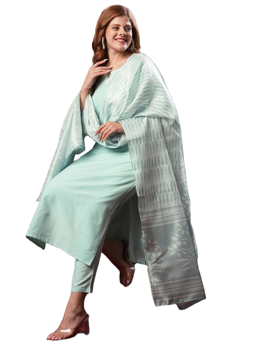 ANNI DESIGNER Women s Kurta Rayon Blend Pants with Dupatta, See Green, Small