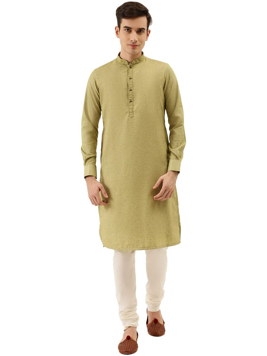 Manyavar Solid Plain Knee Long Full Sleeves Kurta and Churidar Set for Men - (Green, XX-Large)