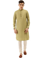 Manyavar Solid Plain Knee Long Full Sleeves Kurta and Churidar Set for Men - (Green, XX-Large)