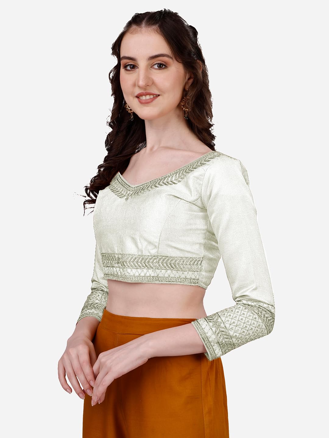 Pujia Mills Womens Milan Silk Heavy Embroidery with Sequins Worked Full Sleeve Fancy Saree Blouse White