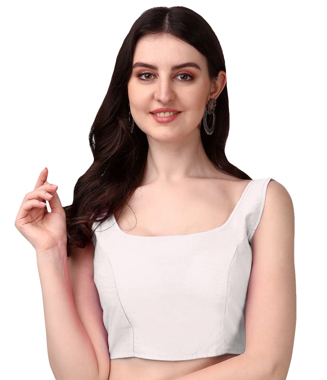 Pujia Mills Womens Deep Neck Silk Sleeveless Readymade Blouse (White, 34)