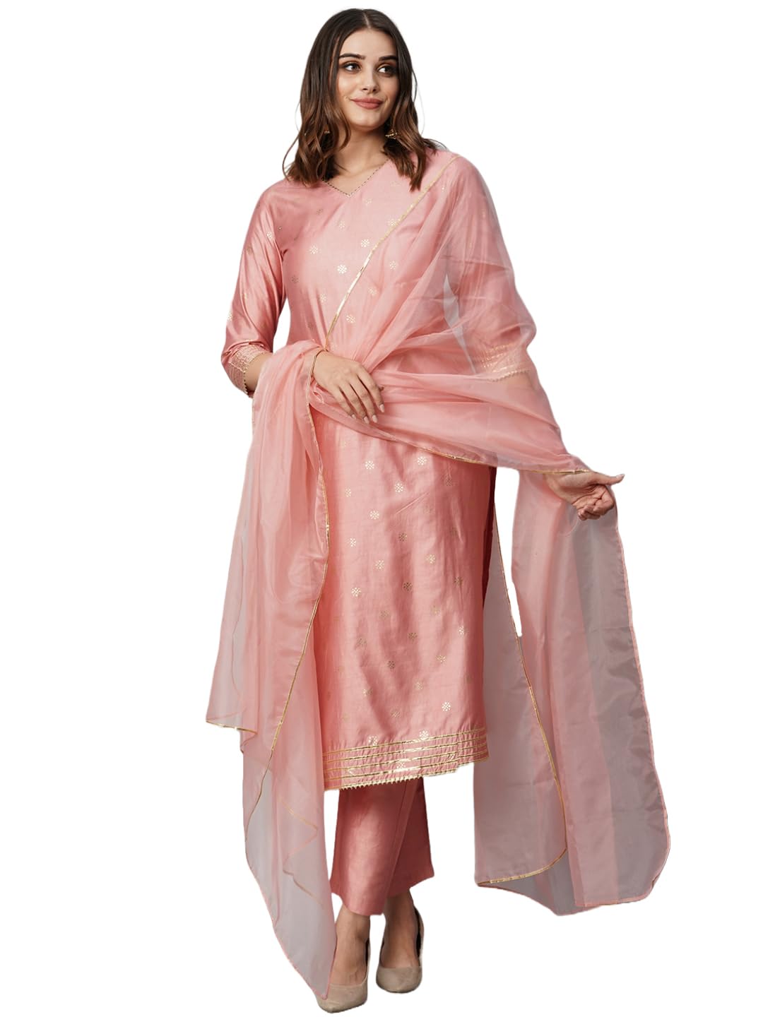 ANNI DESIGNER Womens Cotton Blend Straight Printed Kurta with Pant & Dupatta (Yoda Peach_XXL_Peach_XX-Large)