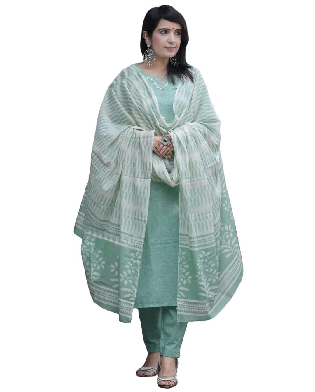 ANNI DESIGNER Womens Cotton Blend Printed Straight Kurta with Pant & Dupatta (PRAGYA See Green_L_See Green_Large)