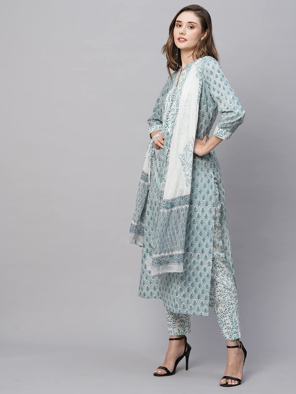 ANNI DESIGNER Ladies Cotton Blend Staright Print Trousers Dupatta Kurta