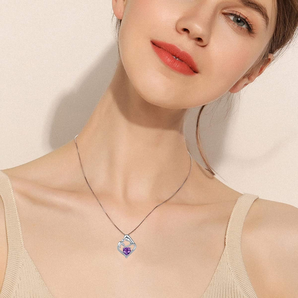 ABBGIABBW 925 Sterling Silver Purple Birthstone Mother Daughter Love Heart Pendant Necklace Mother Daughter Jewelry Christmas fo
