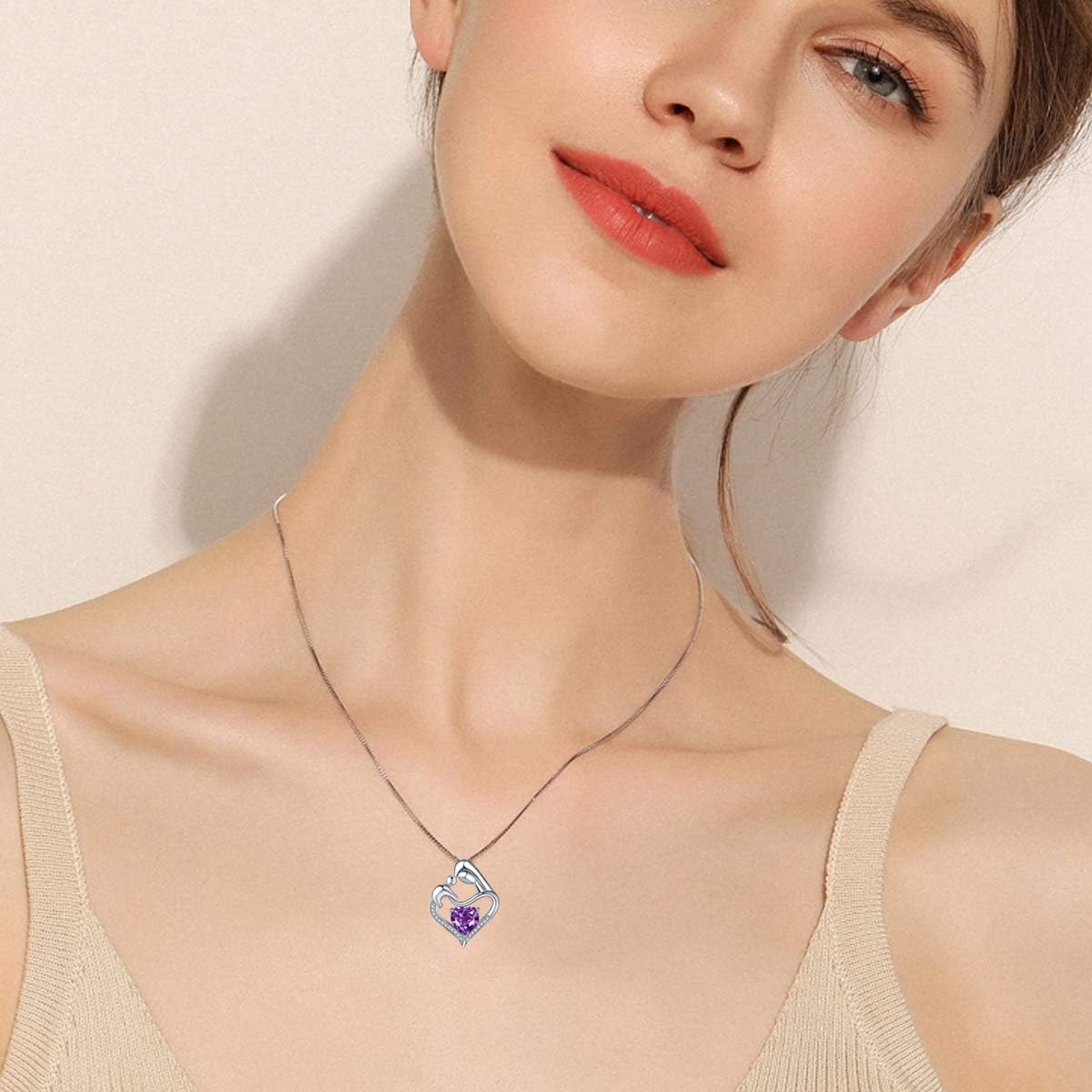 ABBGIABBW 925 Sterling Silver Purple Birthstone Mother Daughter Love Heart Pendant Necklace Mother Daughter Jewelry Christmas fo