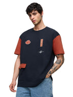 The Souled Store Naruto Shippuden: Uchihas Pride Men and Boys Short Sleeves Round Neck Blue and Red Embroidered Cotton Oversize