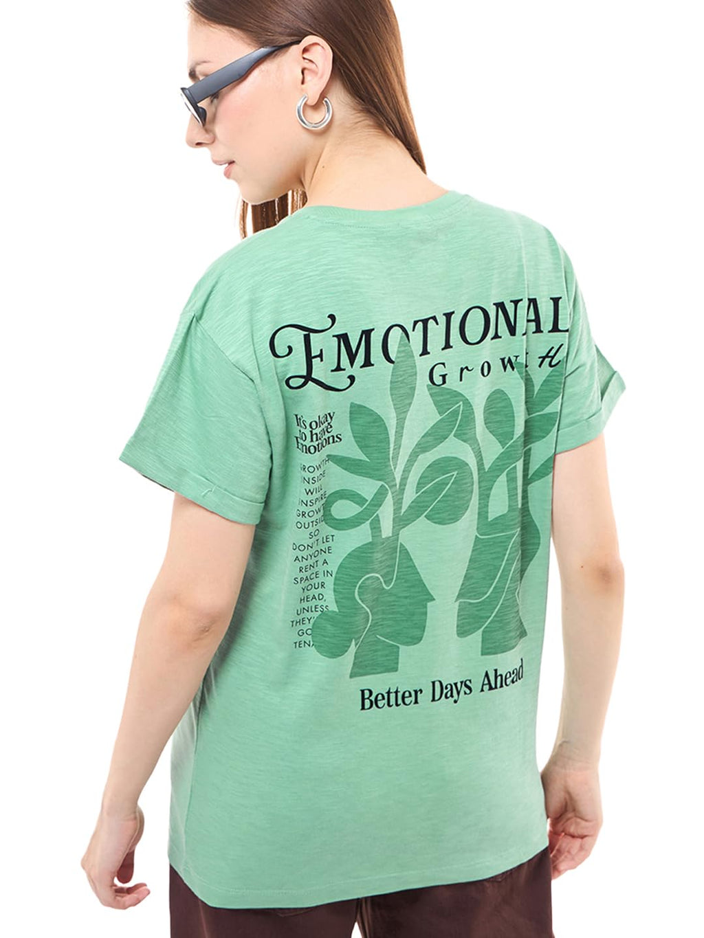 Bewakoof Air 1.0 Womens Graphic Print Boyfriend Fit Half Sleeve Round Neck Cotton Slub T-Shirt_645929_Green_L