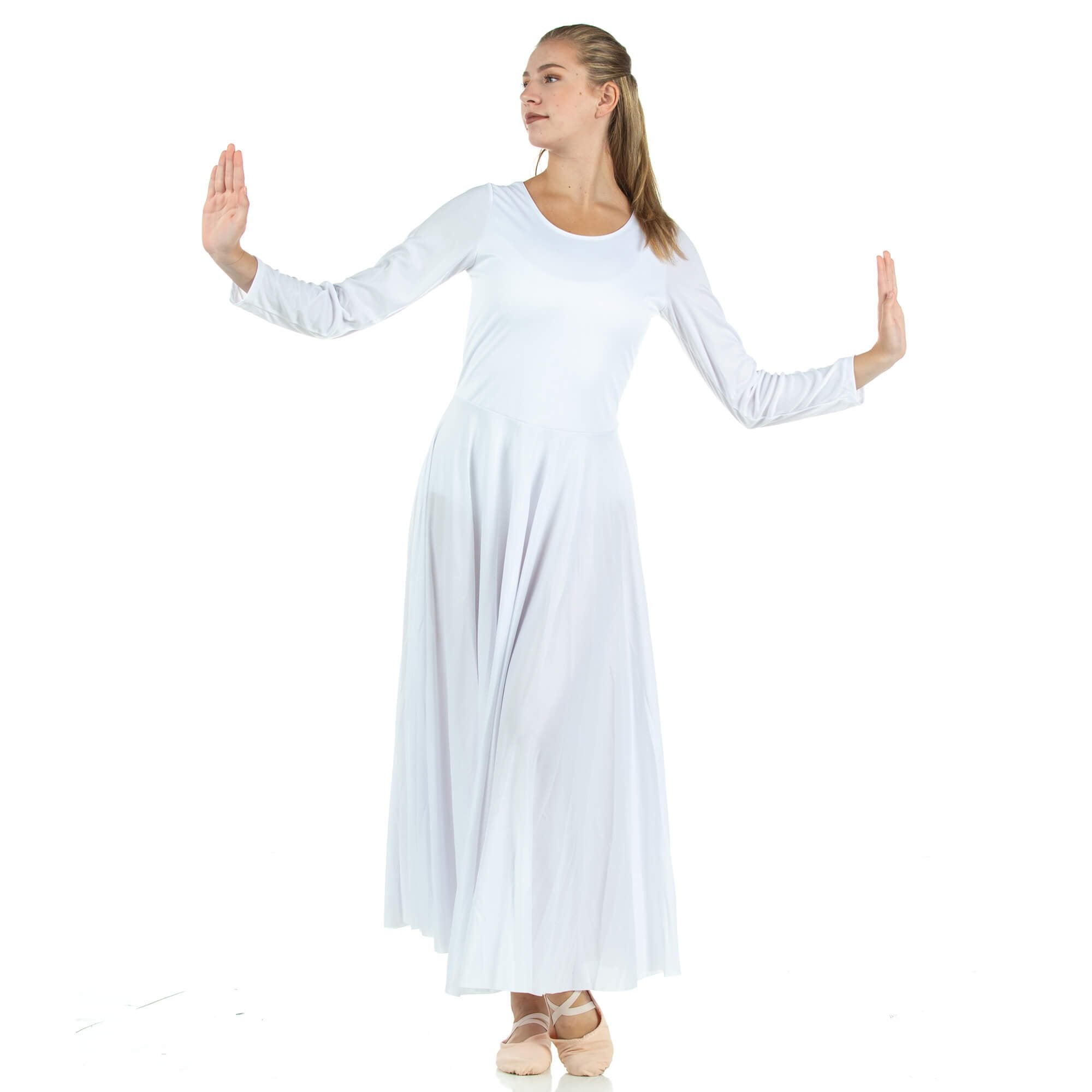 Danzcue Womens Praise Loose Fit Full Length Long Sleeve Dance Dress, White, Medium
