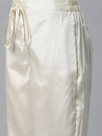 Ishin Silk Blend Embroidered Off White Straight Kurta Suit Set With Palazzos & Dupatta