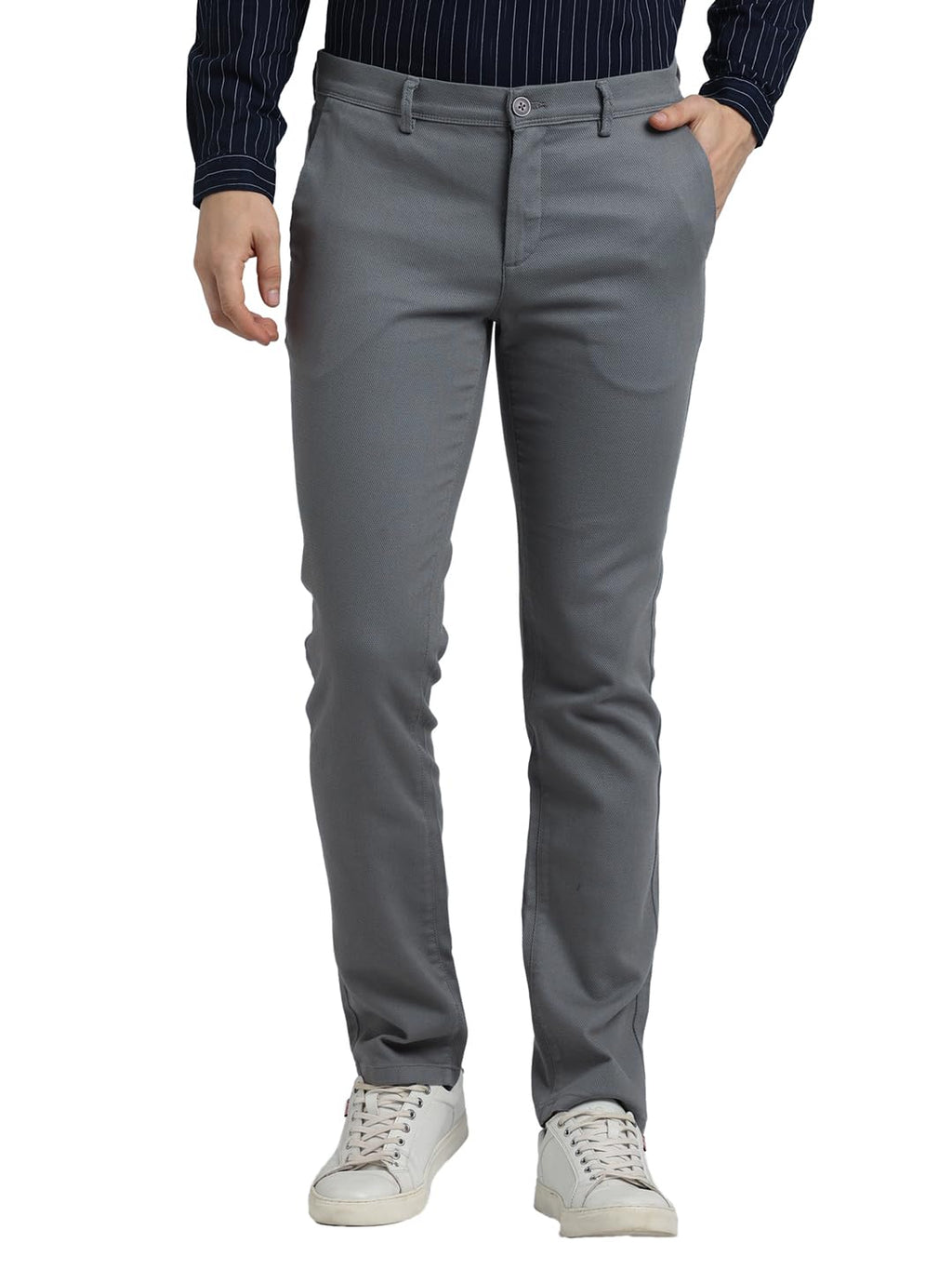 Turtle Men Cotton Stretch Dobby Print Ultra Slim Fit Grey Casual Trouser