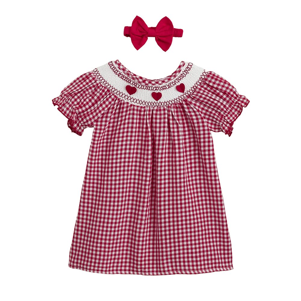 Hopscotch Girls Puff Sleeves Red Checkered Heart Appique Dress (1824 Months) 18-24