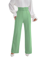Shasmi Womens Elegant Pista Green Solid Color High Waisted Belted Toothpick Stripe Design Straight Loose Casual Women Pants, Mi