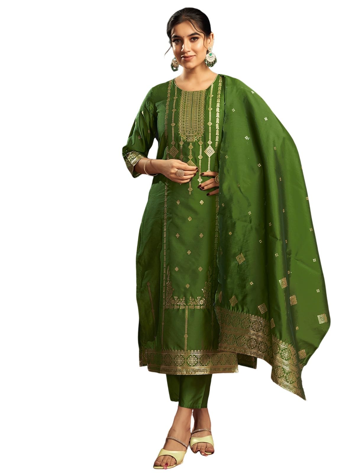 Sanisa Womens Silk Blend Jacquard Work Straight Kurta with Pant and Dupatta Set (222KBD2357N-XL_Green and Golden)