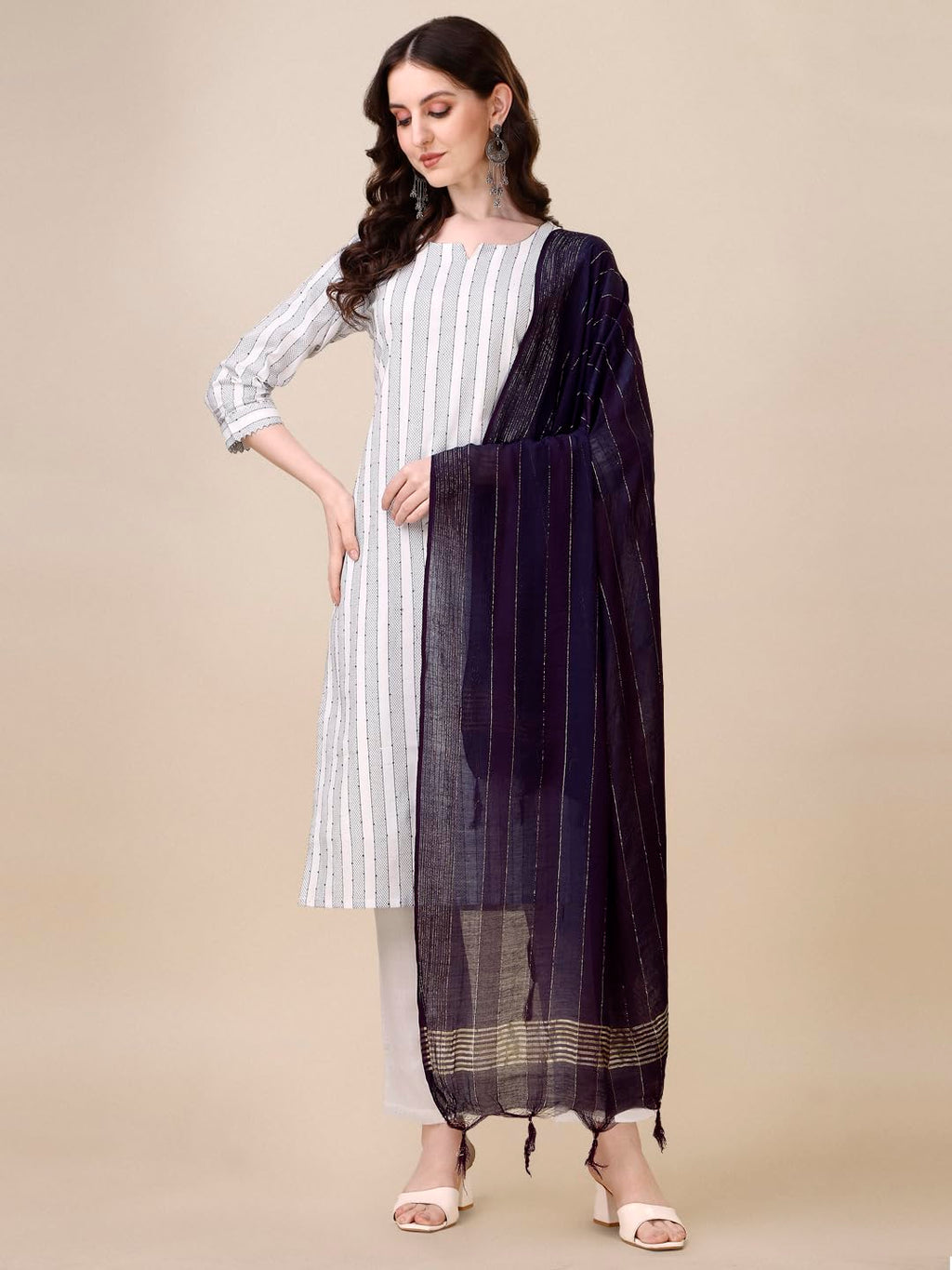 Fashion Basket Women Cotton Printed Kurta And Pant Set With Dupatta (Large, White)