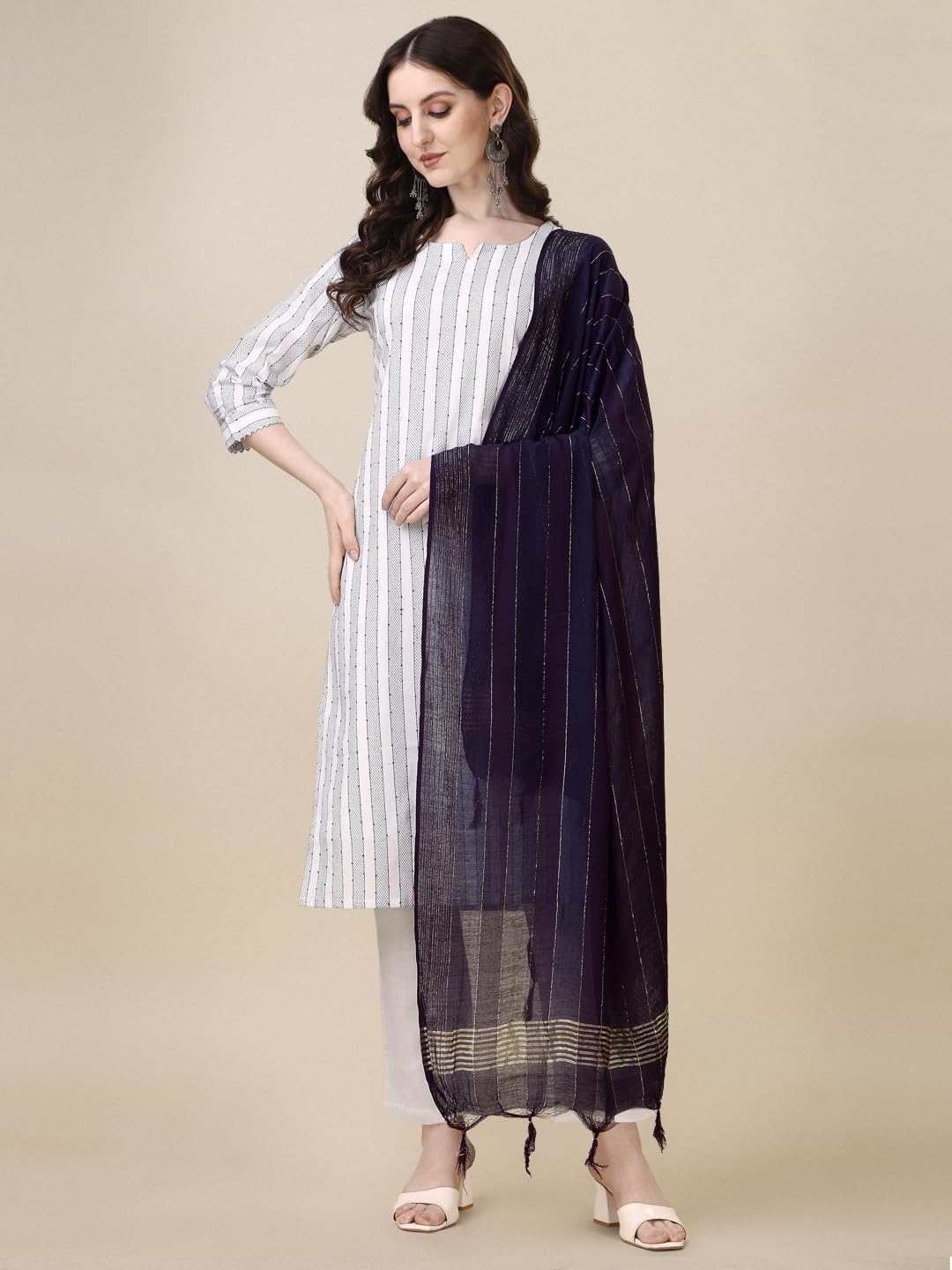 Fashion Basket Women Cotton Printed Kurta And Pant Set With Dupatta (Large, White)