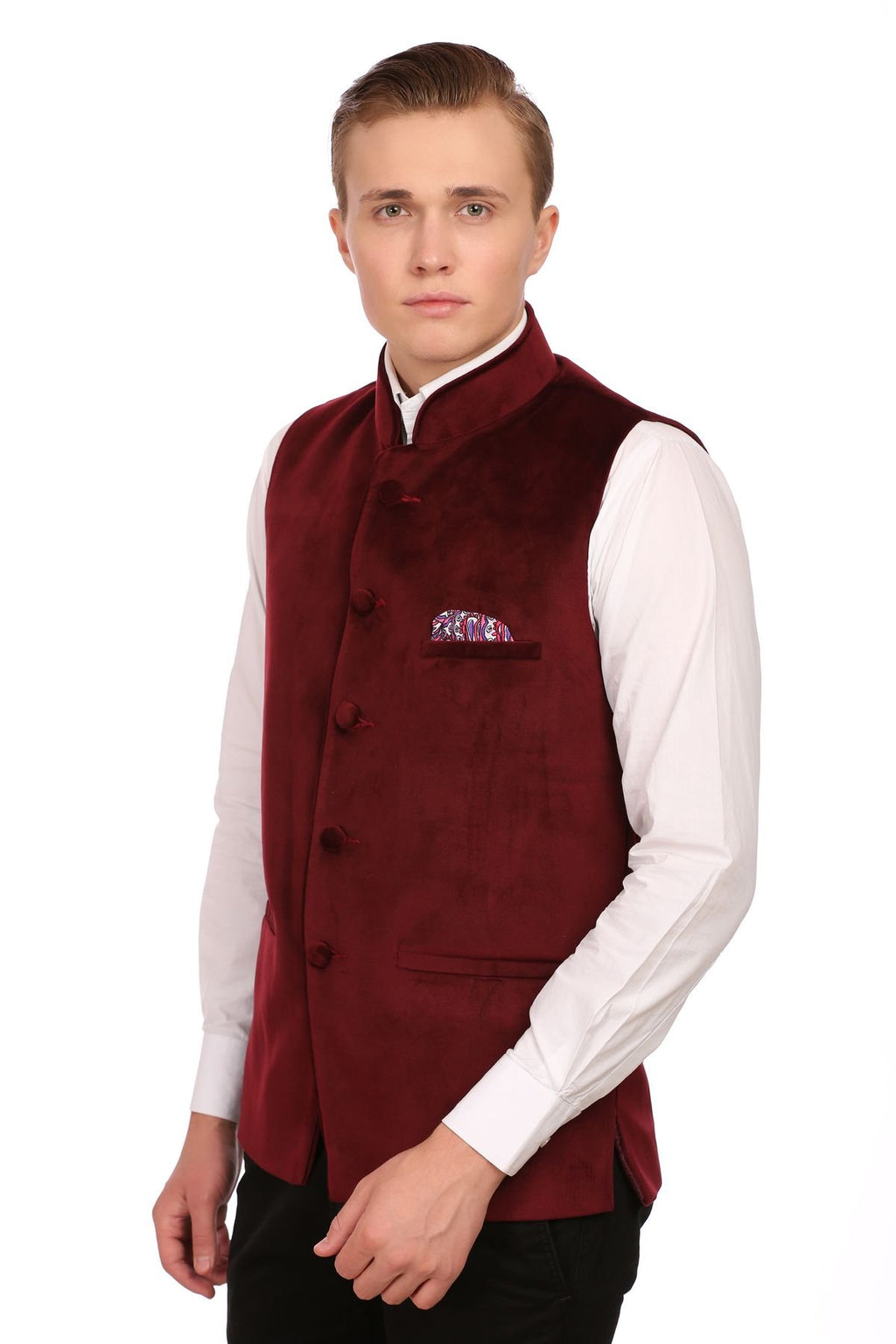 Wintage Men'S Velvet Grandad Collar Festive Maroon Nehru Jacket Vest Waistcoat