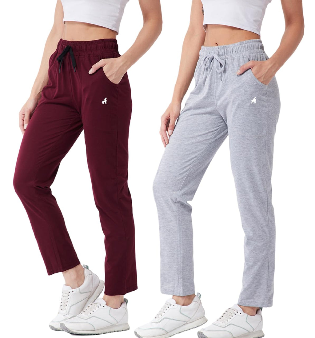 Modeve  Women Cotton Blend Pack of 2 Track Pant for Summer || Women Lower || Women Pyjama || Lounge Pants_Light Grey and Wine_X-
