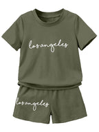 AVANOVA Boys Mehandi 2pcs Young Boy Loose Comfortable T-Shirt With Los Angeles Print And Shorts, Casual Cute Style Suitable For