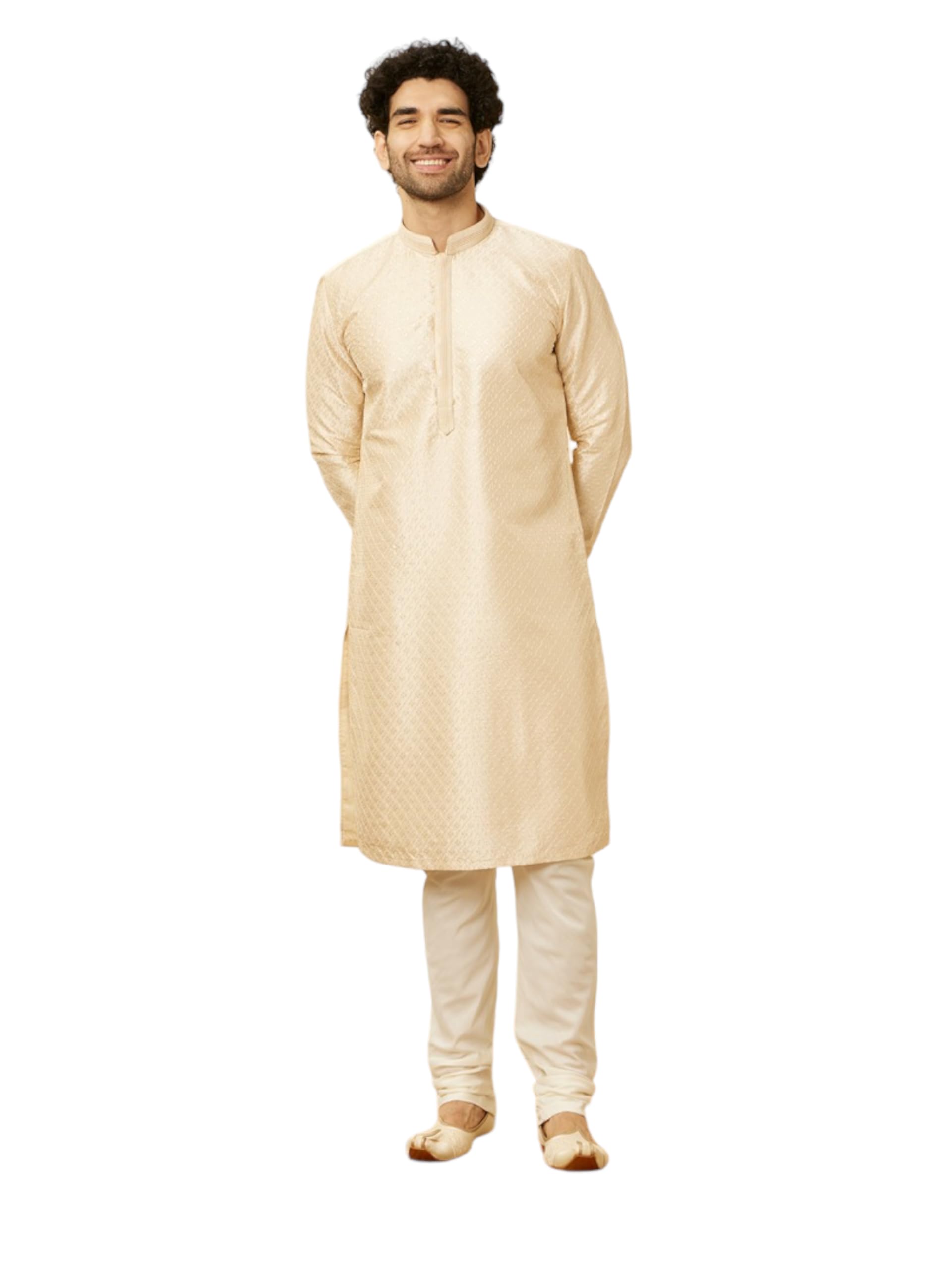 Manyavar Mens Beige Art Silk Kurta Churidar Set