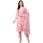 Anubhutee Pink Women'S Pure Cotton Straight Printed Kurta Trousers With Dupatta