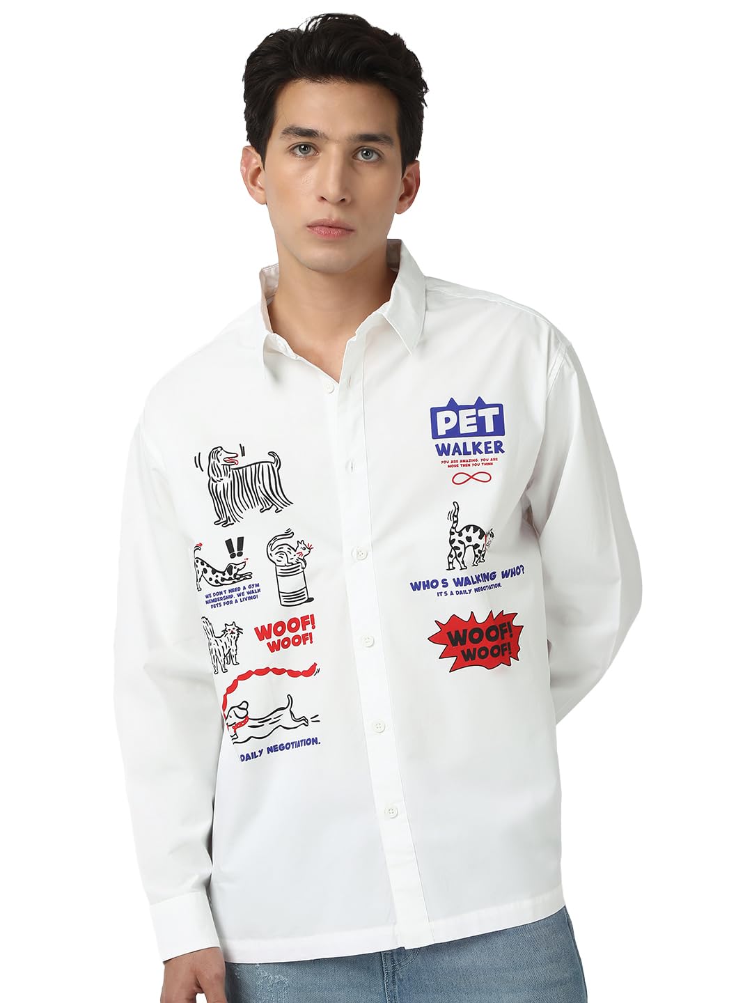 Bewakoof Mens Graphic Print Oversized Fit Full Sleeve Collared Poplin Shirt_666752_White_XL