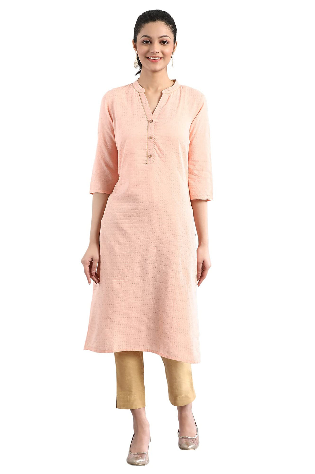 Aurelia Women'S Cotton Pink Geometric Band Collar Straight Kurta_21Fea12230-702084_Xs