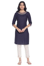 W For Woman Navy Printed Kurta With Organza Detail_21Auw13693-117180_Xl_14