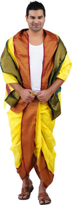 Prakasam Cotton Mens Asha Silk Panchakacham Ready To Wear Dhoti Towel Set With Pocket/Panchakacham Dhoti With Angavastram (Stitc