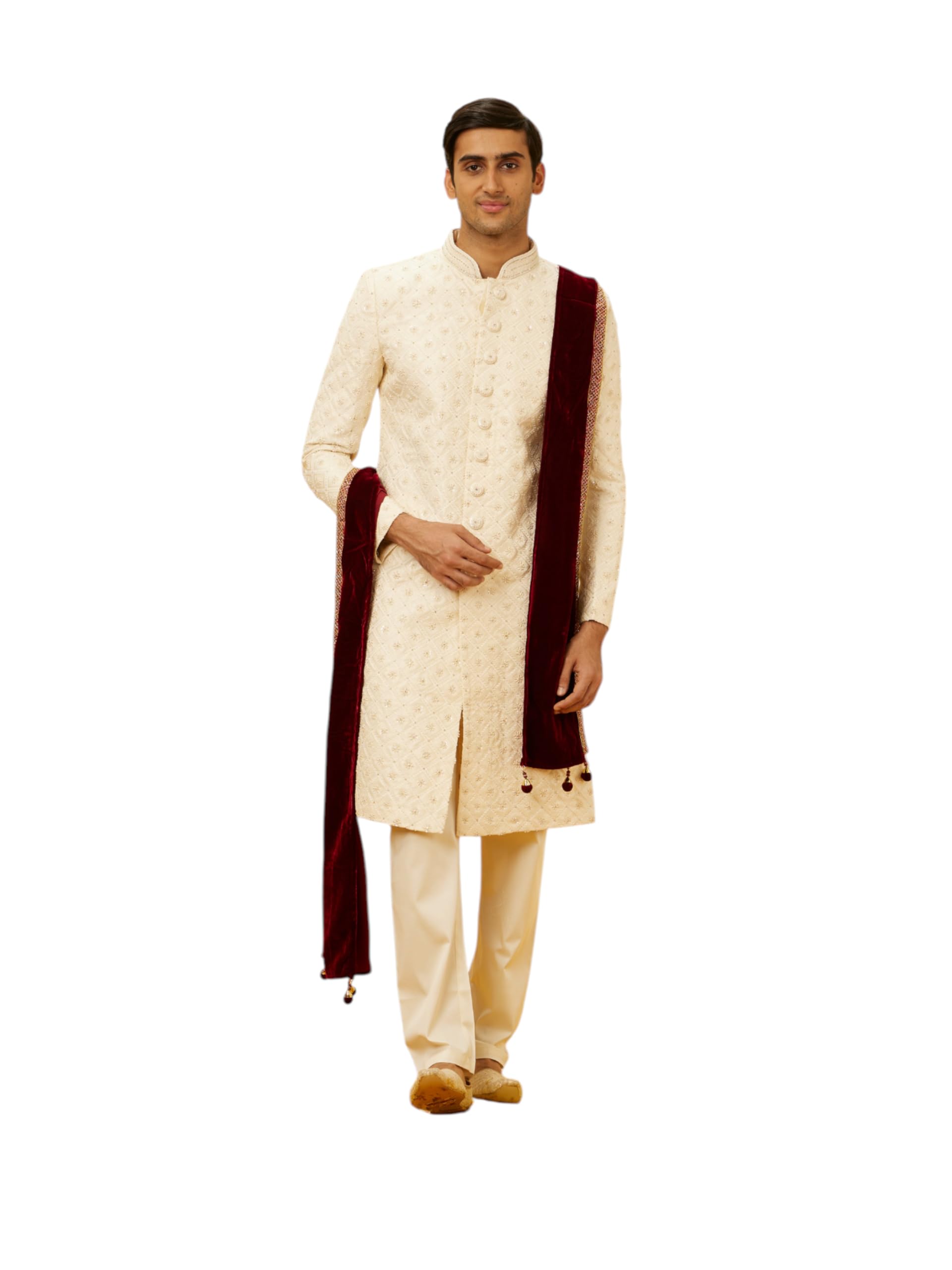 Manyavar MenS Velvet Plain|Hand Embroidery Dupatta (Maroon)
