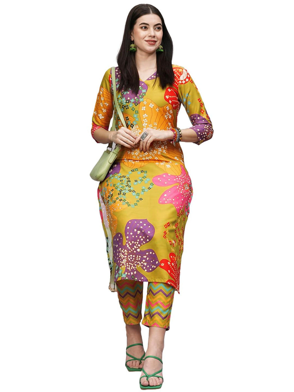 ANNI DESIGNER Womens Cotton Blend Straight Fit Printed Kurta with Pant (Wahida Yellow_XL_Yellow_X-Large)