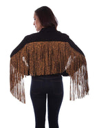 BLACK DENIM JKT W/LEOPARD FRINGE