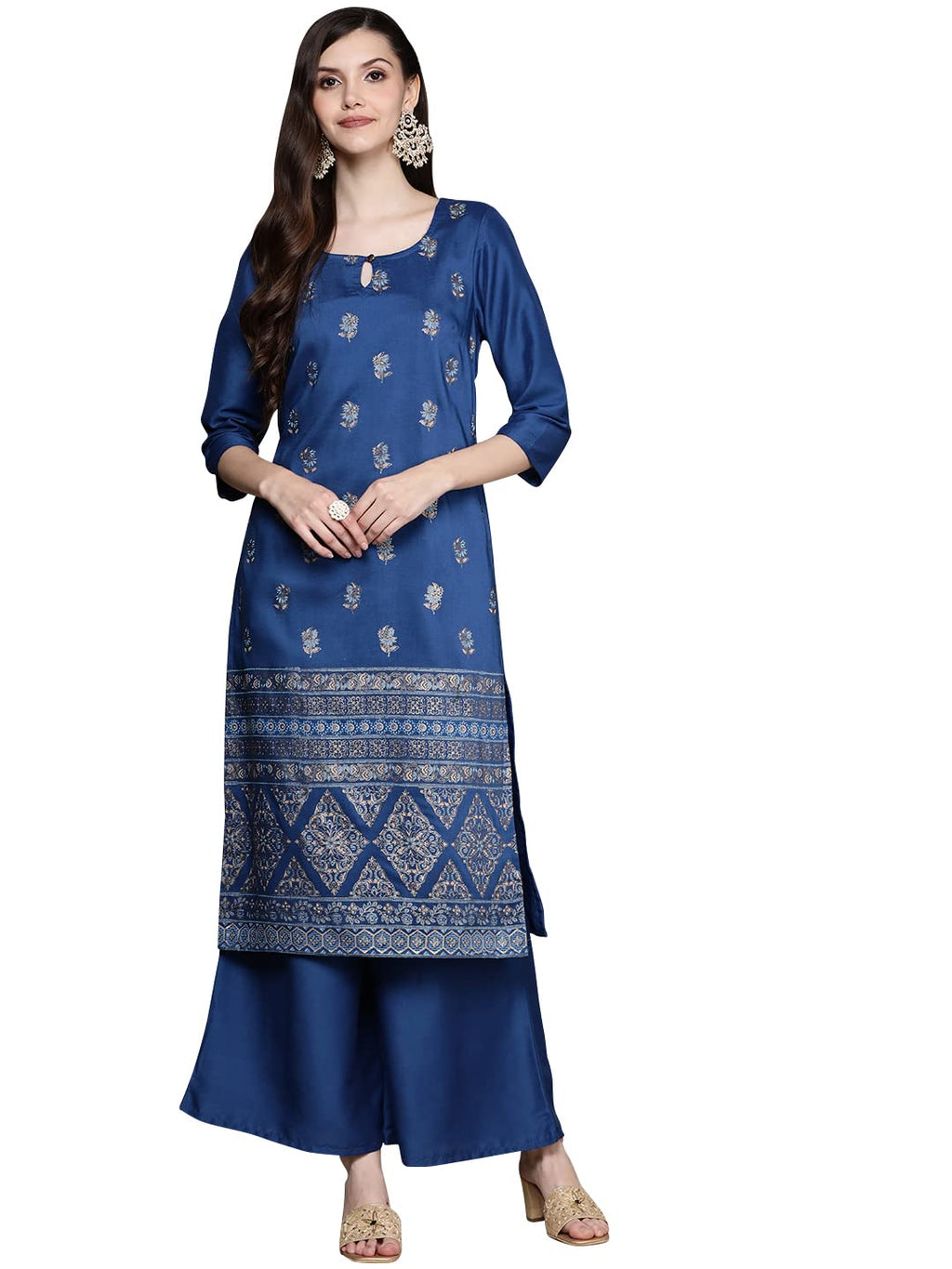 Ziyaa Women'S Teal Chinon Straight Kurta And Palazzo Set(Zikuch3852Andpl-S)