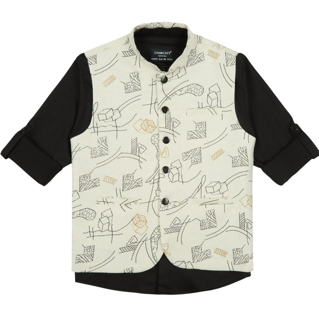 Boys Sleeveless Geometric Printed Nehru Jacket And Shirt 15-16