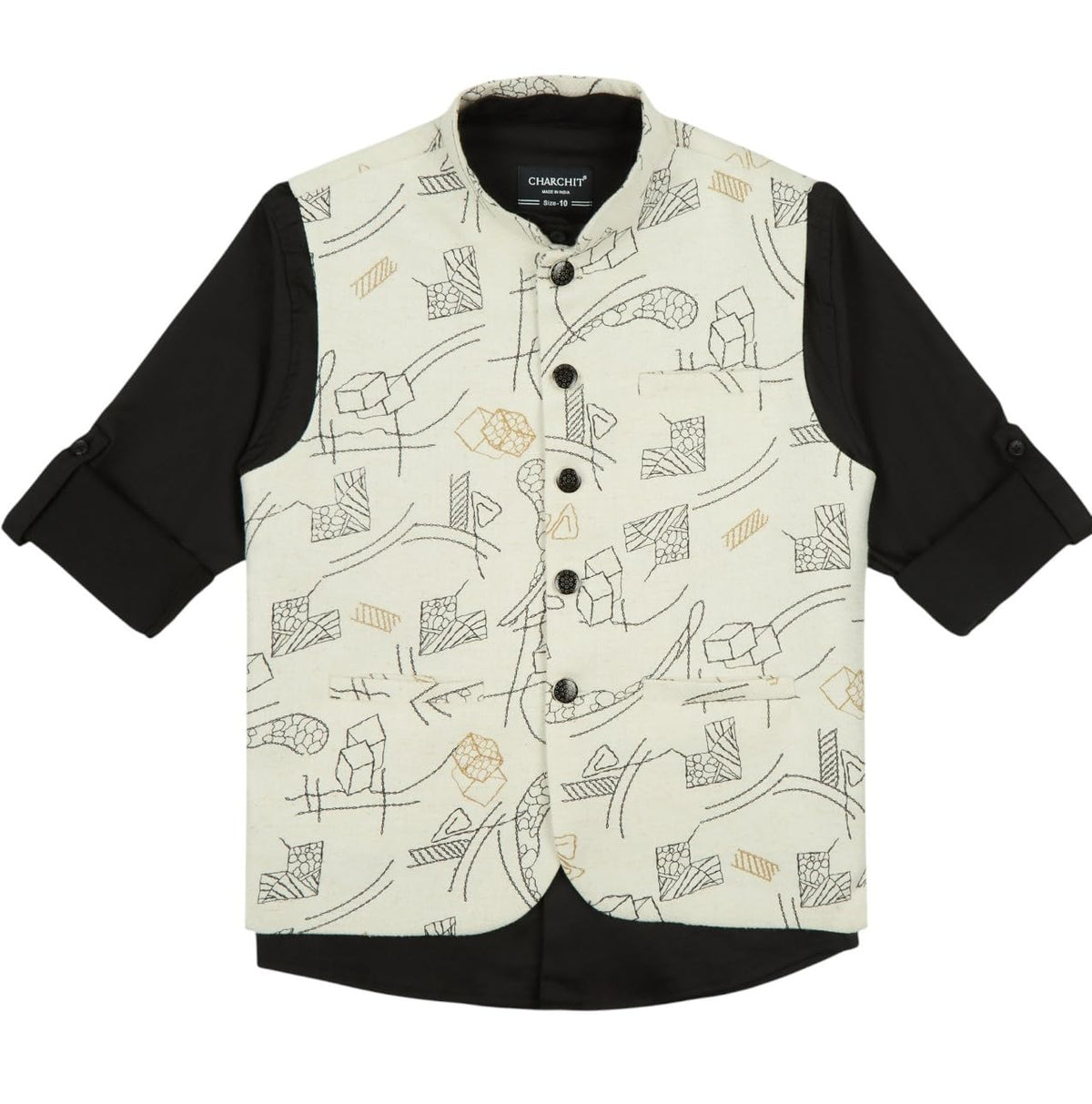 Boys Sleeveless Geometric Printed Nehru Jacket And Shirt 15-16
