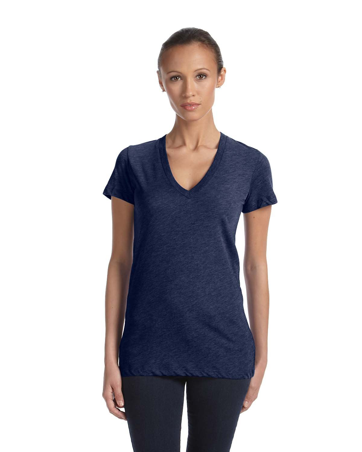 Ladies Triblend Short-Sleeve Deep V-Neck T-Shirt - BLUE TRIBLEND - S(D0102H7WBcX)