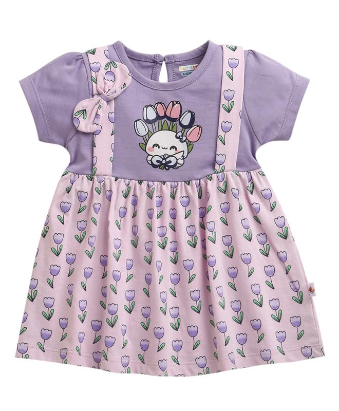 BUMZEE Baby Girls Cotton Round Neck Half Sleeves Floral Print Above Knee Length Frock/Dress Lilac & Lavender - 6-12 Months (Peb1
