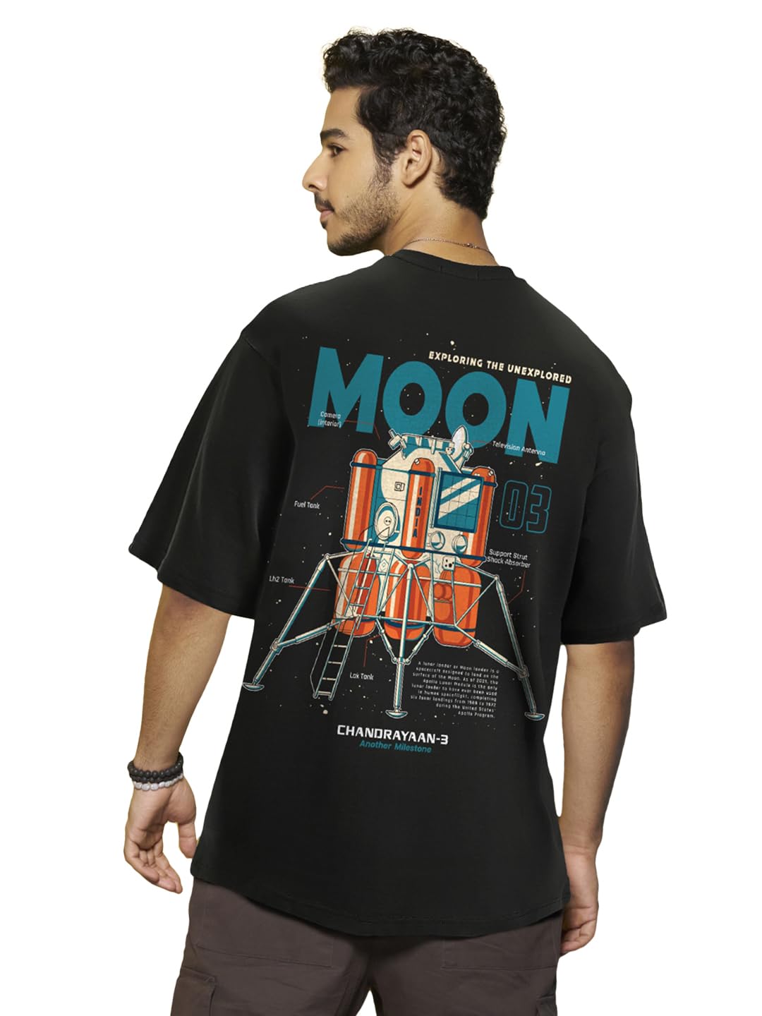 Bewakoof Mens Chandrayaan Lander Graphic Printed 100% Cotton T-Shirt - Oversized Fit,Round Neck, Half Sleeves_612770_Black_XL